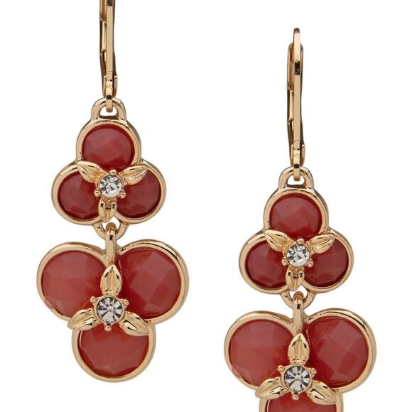 Anne Klein Gold tone and orange Red Floral 2”Earrings - Picture 1 of 4